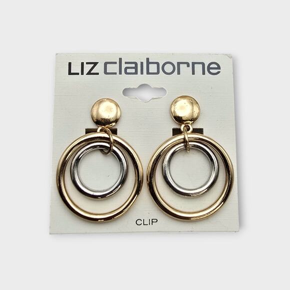 Liz Claiborne Gold Silver Double Hoop Clip-On Earrings NWT – Retro 80s 90s - Picture 7 of 7